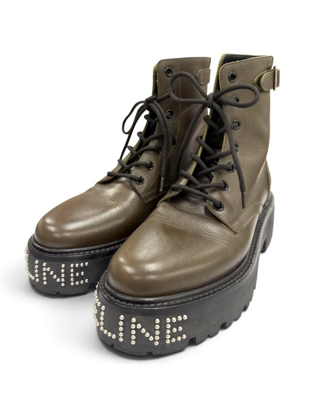 Celine Bulky Leather Studded Logo Lace-up Boots Khaki